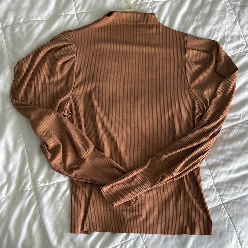 SHEIN Brown Puff Sleeve Fitted Polo Button Down Shirt